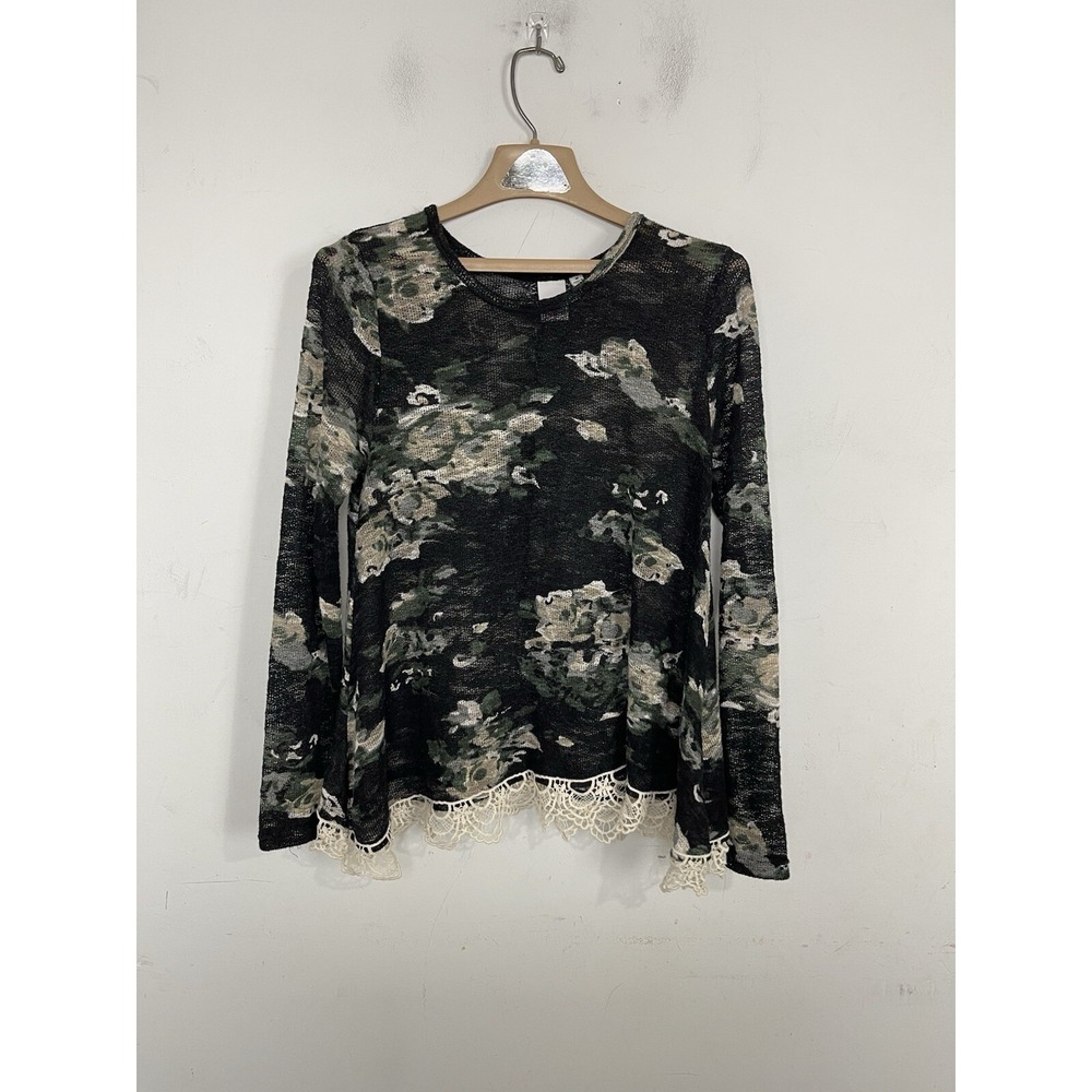 Oh‎ MG! Womens Floral Camo Print Long Sleeve Lace Trim Knit Top Black Green M